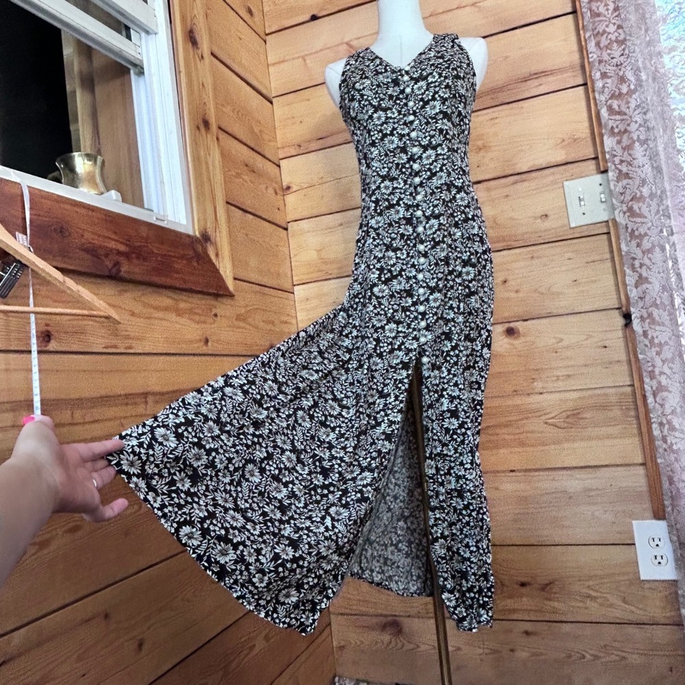 Vintage Maxi Dress Womens Size 5/6 Black White Daisy Floral Pearl M Collection